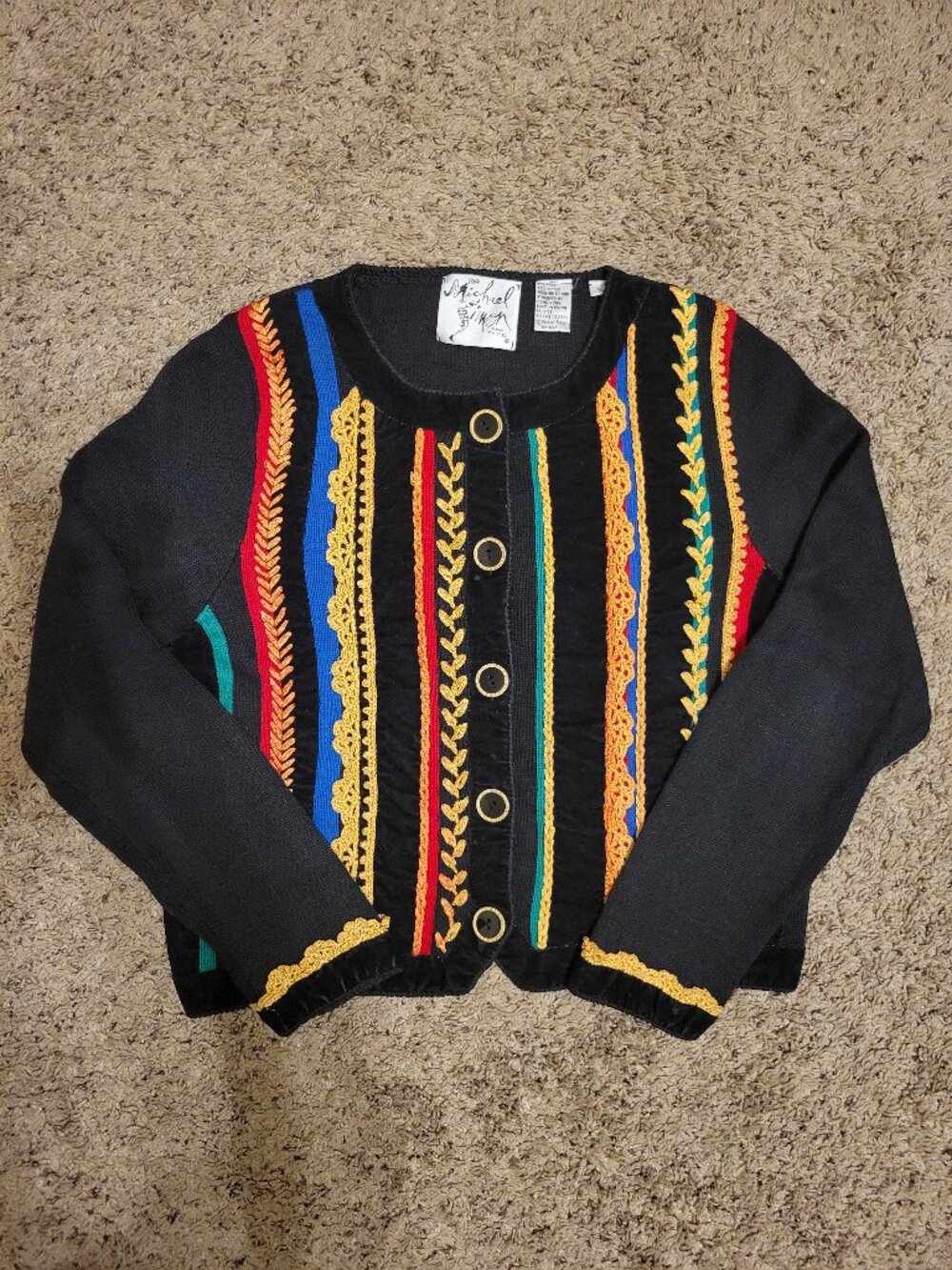 Rare 90s Michael Simon Black Colorful Embroidered Striped Button Up Cardigan